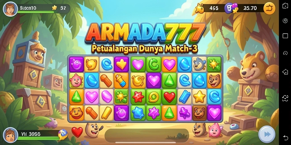 Tampilan gameplay seru dalam ARMADA777 dengan elemen Match-3 yang menarik.