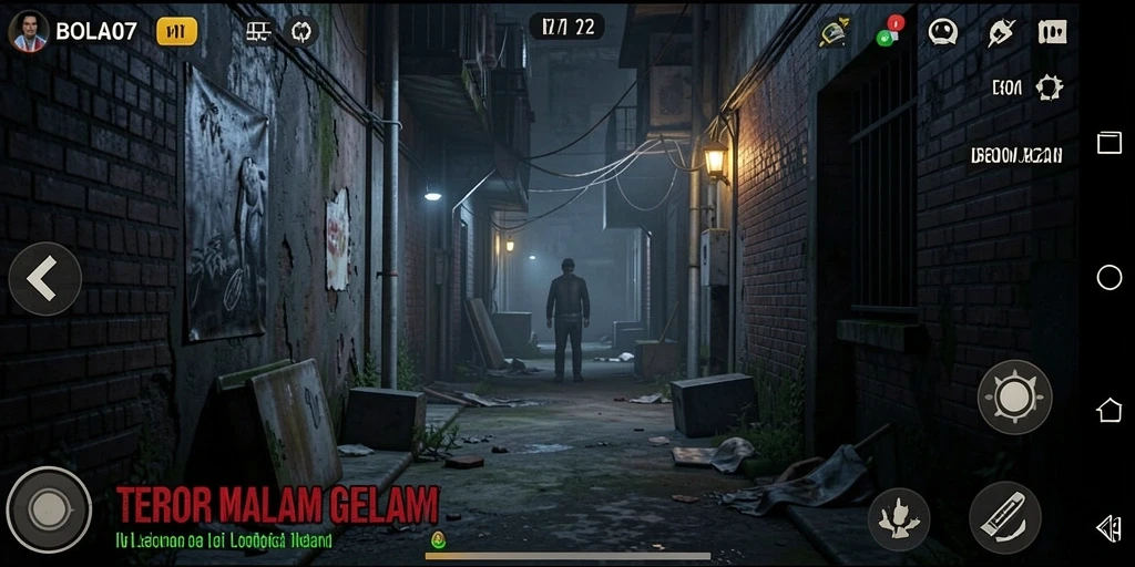 Screenshot menakutkan dari gameplay BOLA07 di lorong gelap.