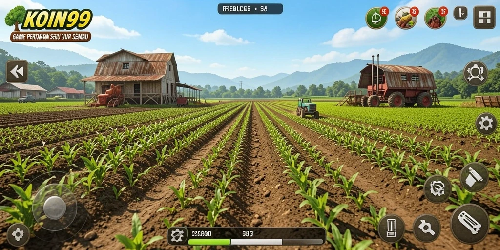 Gameplay KOIN99 menampilkan ladang hijau dengan berbagai tanaman yang sedang tumbuh.