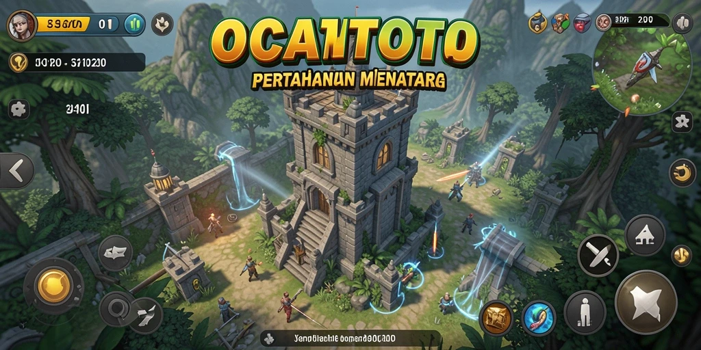 Screenshot gameplay OCATOTO menampilkan pertahanan menara yang epik.