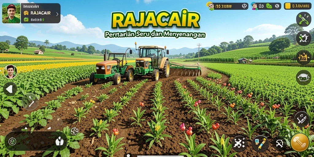Screenshot menunjukkan gameplay bertani yang seru di RAJACAIR.