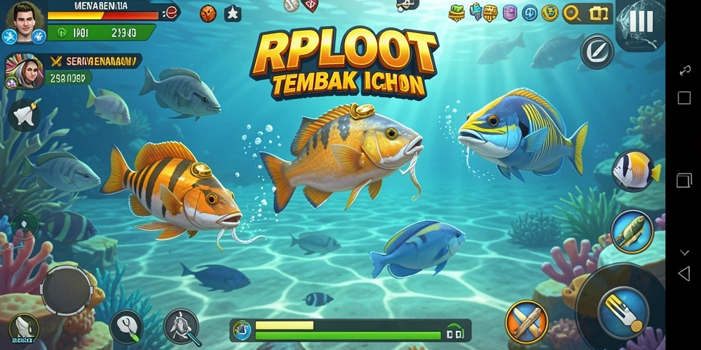 Screenshot RPLOOT menampilkan aksi menembak ikan yang dinamis dan menarik.